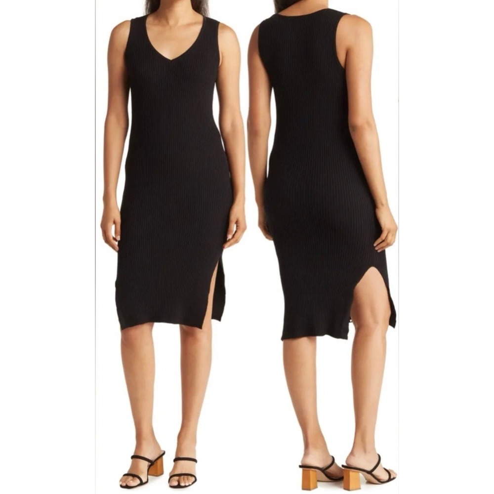 Magaschoni Black Ribbed Knit Sleeveless Midi Dress Medium Side Slit Minimalist